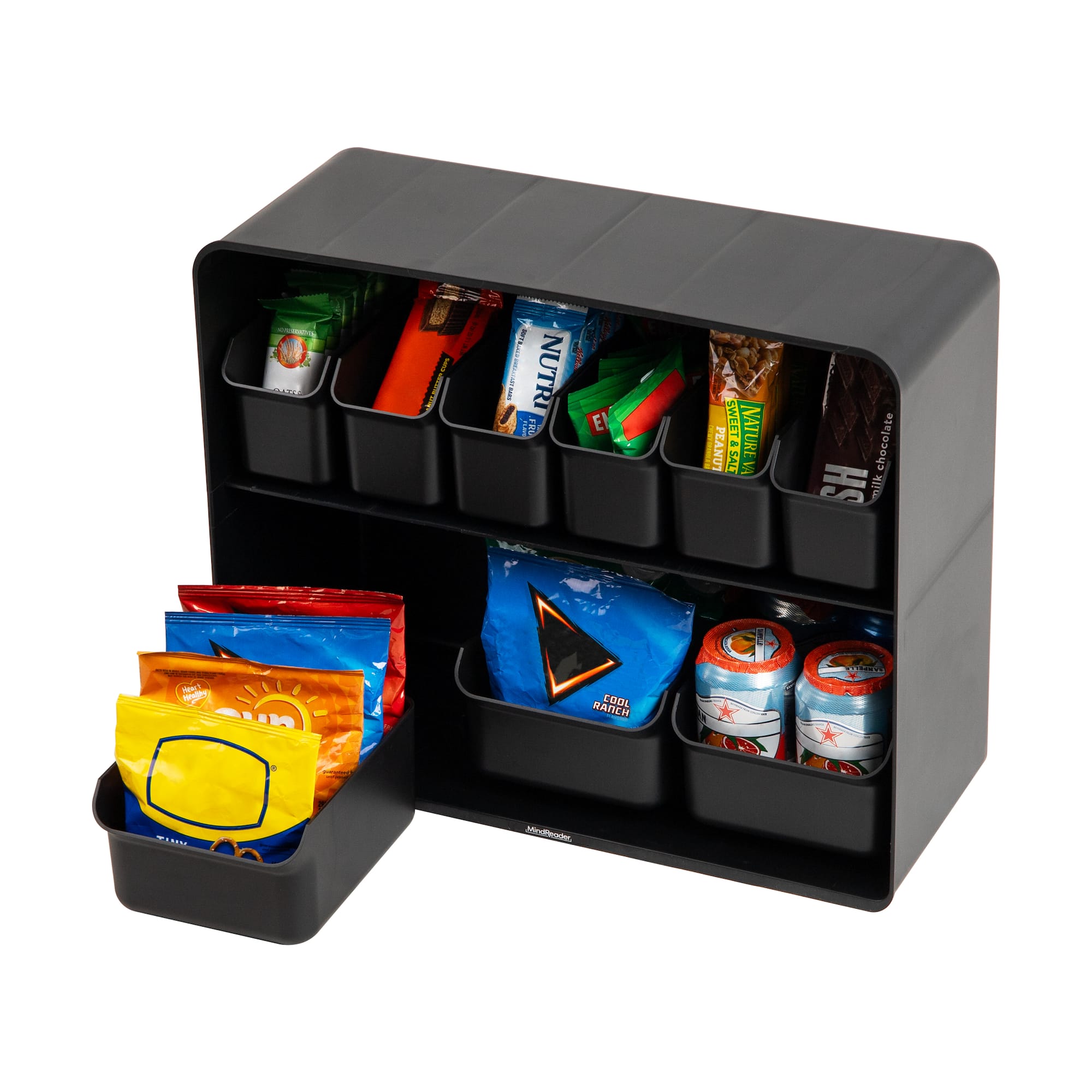 Mind Reader 18" x 7" x 14" Black Two-Tier Countertop Snack Organizer with Removable Bins